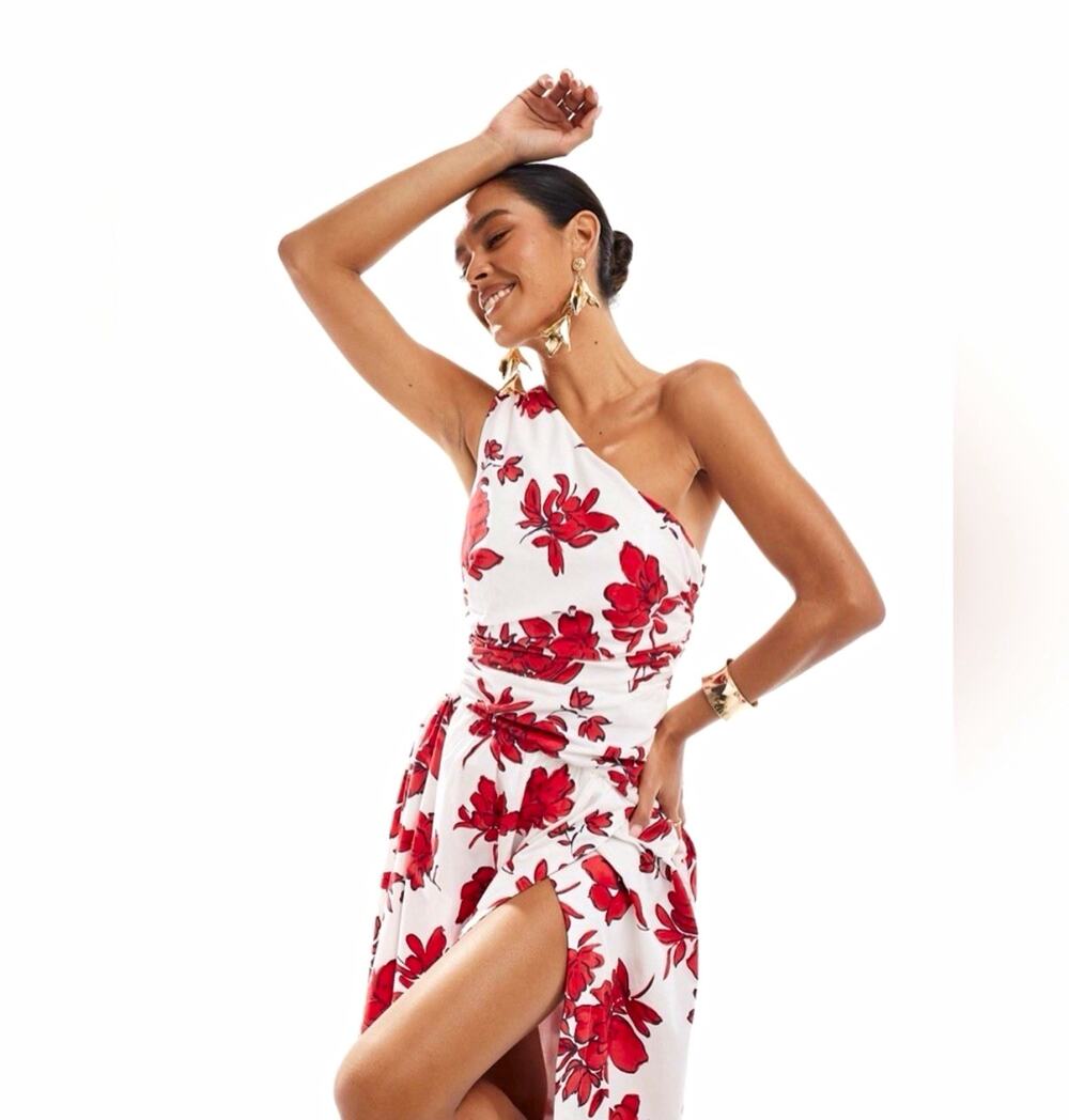 Abercrombie & Fitch One Shoulder Cut Out White Red Floral Maxi Dress size S 238